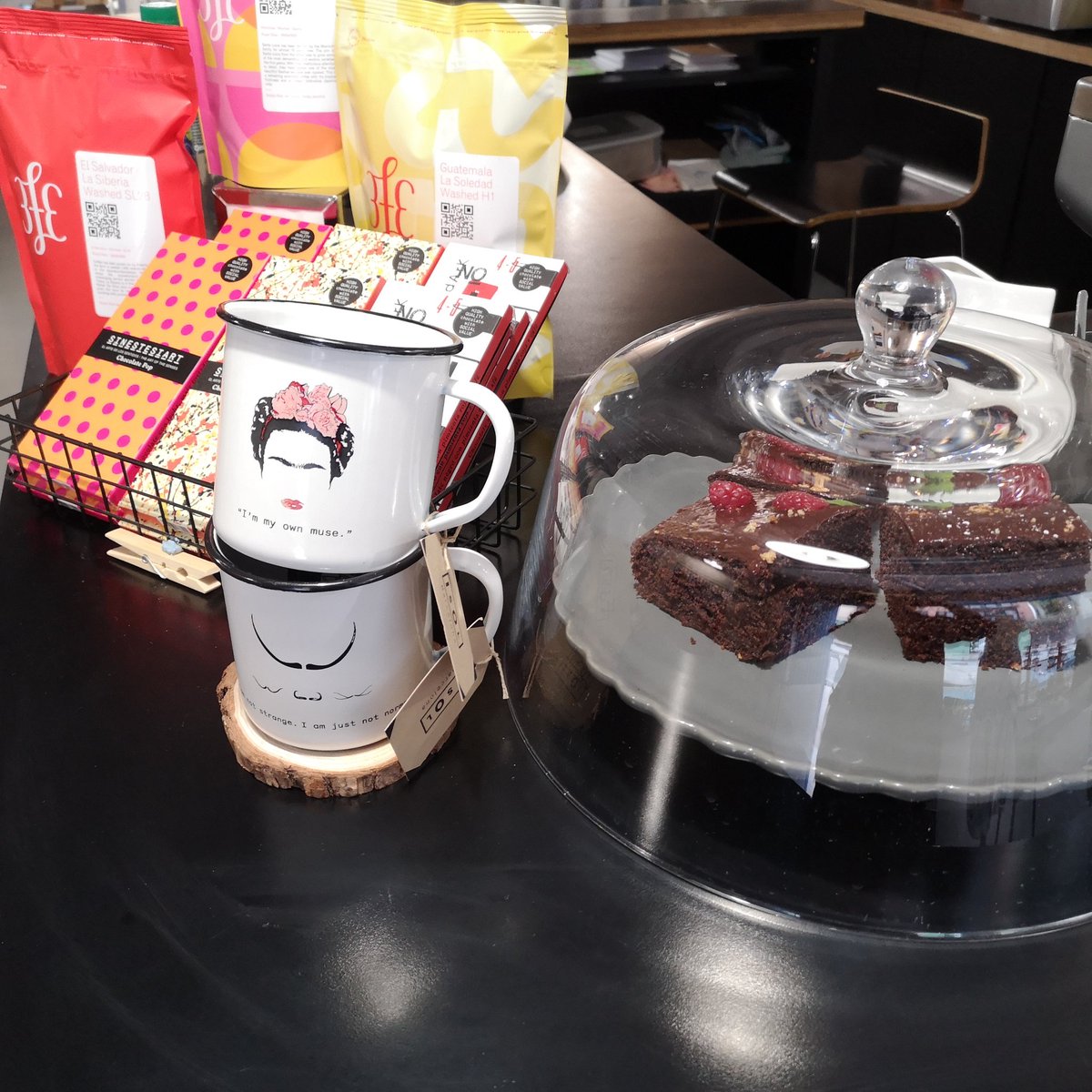 Chocolate &amp; raspberry cake &amp; flavored chocolate bar along with your #Coffee