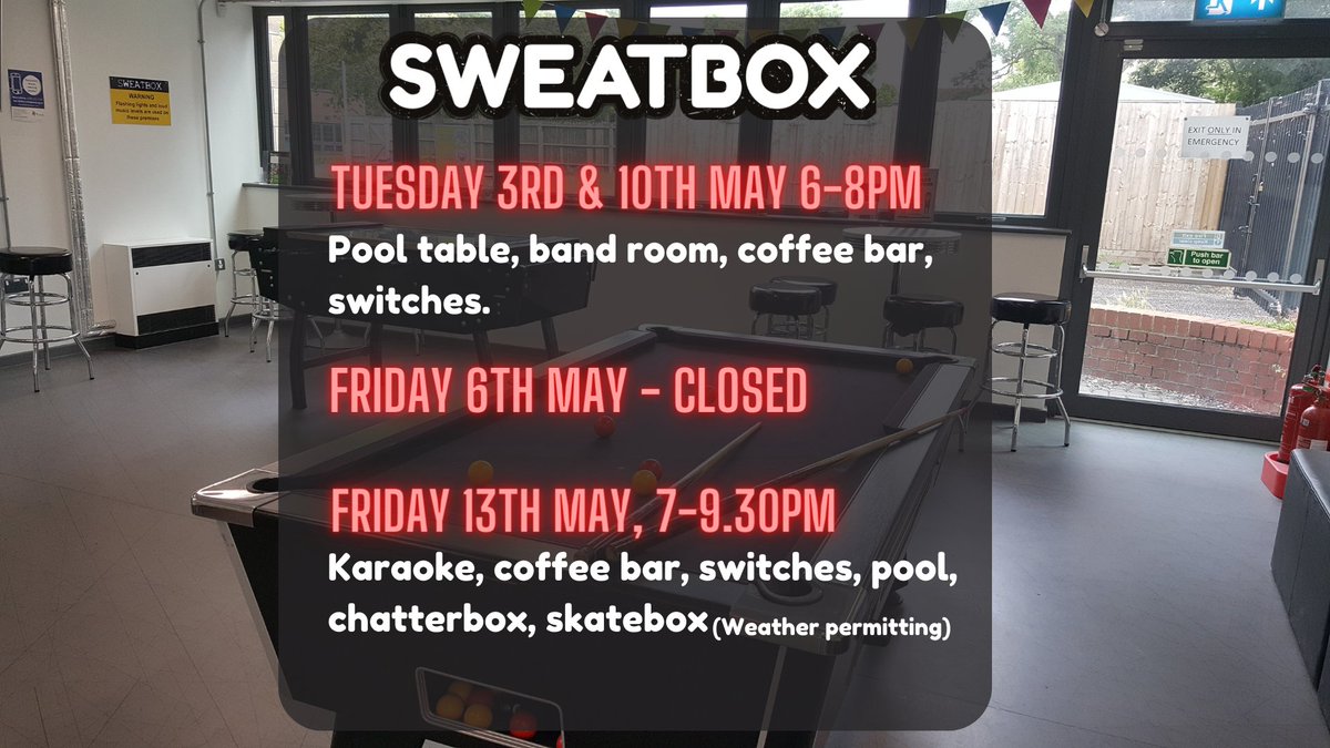SweatboxWantage's tweet photo. Important Updates

A reminder that from today Tuesday sessions run at the new time of 6.00-8.00pm. 

Closure - Sweatbox will be closed this Friday on 6th May. 
We plan to re-open on Friday 13th May. https://t.co/iOZNahfiyZ