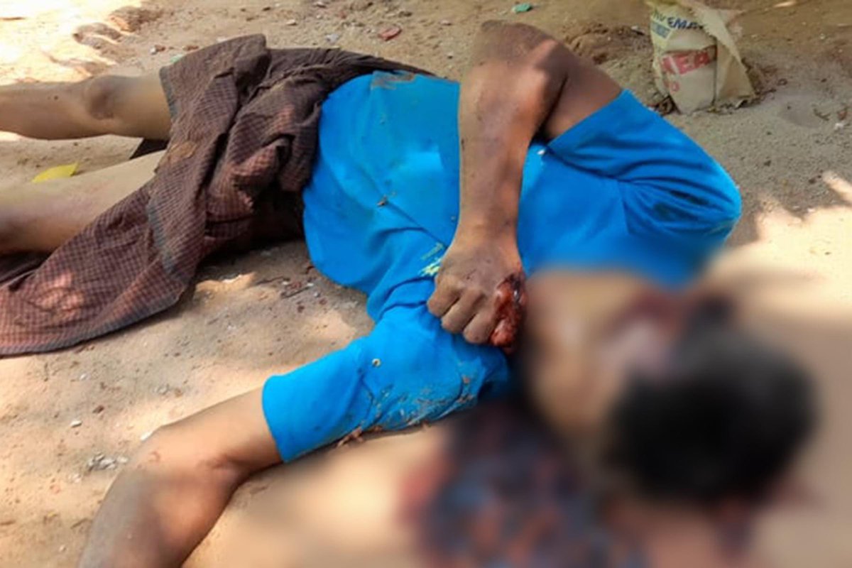 ZawWaiSoe4's tweet photo. Myanmar military terrorists killed elderly civilians at a meditation centre."13 civilians were brutally shot dead and beheaded." Two grandfathers over 60 and a woman were killed too. A woman was shot to death in front of her 3-year-old daughter”, local witnesses said. https://t.co/ed4q2tvprL