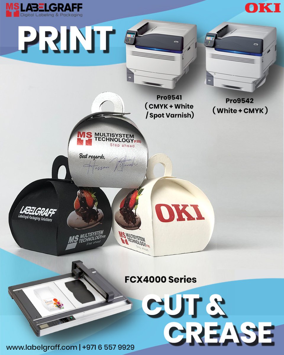 labelgraffme's tweet image. The ability to PRINT, CUT &amp;amp; CREASE is made possible with #OKI Pro 9000 Series and FCX 4000 #FlatbedCutter! Now you can produce and customize unique packaging designs for your business. To know more, visit labelgraff.com