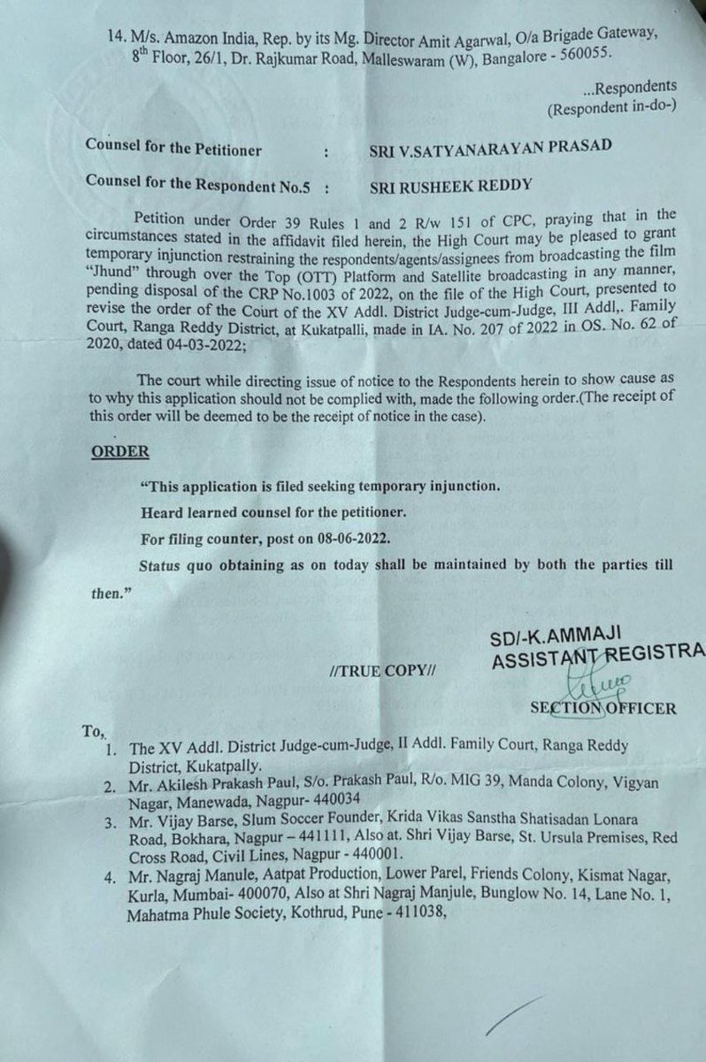 NandiChinni's tweet photo. Please @TSeries kindly restrain #ZEE5 not to advertise &amp; stream #jhund #JhundOnZee5. Or else it considered as #ContemptofCourt  by #RESPONDENTS in #CRP1003/2022 breaching #StatusQuoOrder given by #TelanganHighCourt on 29th April.
@ZEE5India  @SrBachchan @Nagrajmanjule @aatpaat https://t.co/0gOzlnh6SC