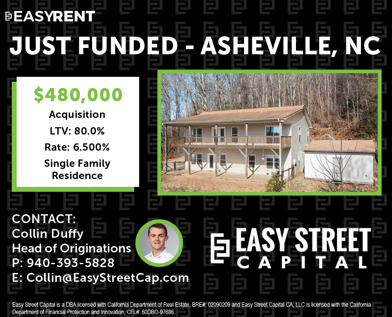 rob_s_simon's tweet photo. #JustFunded
Back in the red-hot market of Asheville, NC, $480k 80% LTV acquisition of a great SFR that can be rented either as a short-term or long-term rental.  Borrower is building his portfolio and path to financial freedom w/ @EasyStreetCap, this makes investment property #3. https://t.co/xntL5kj939