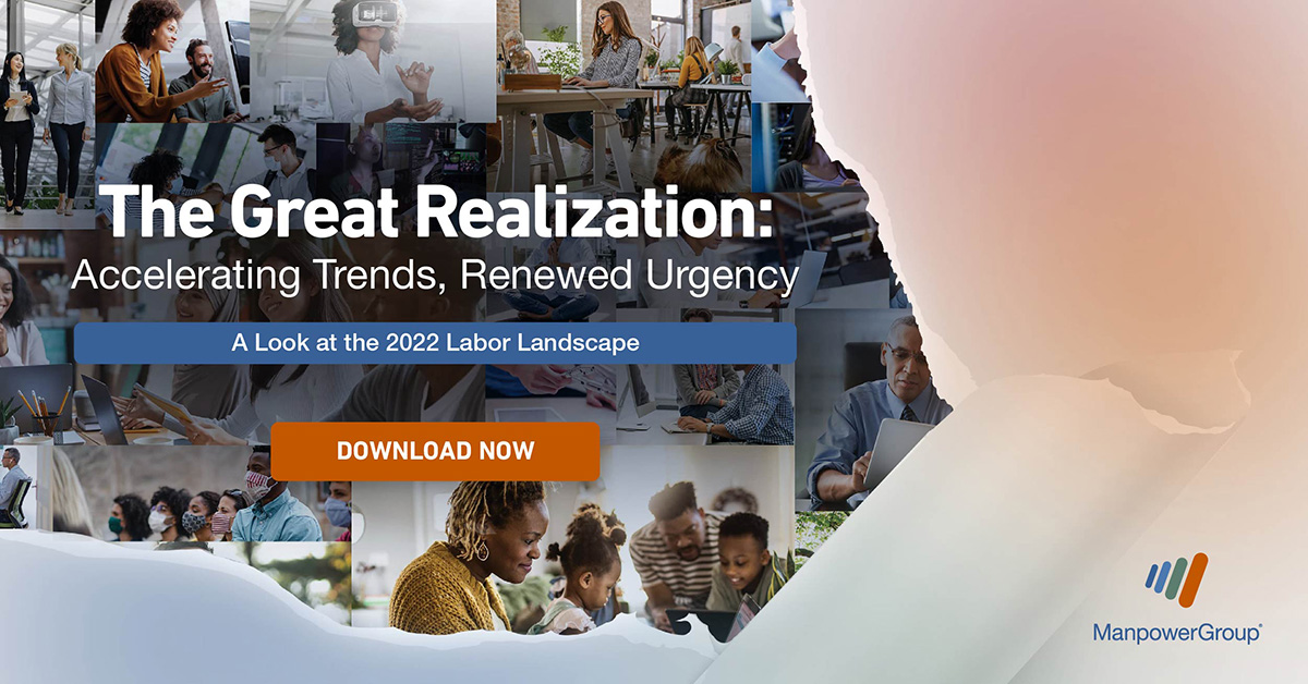 Companies are realizing they need to do more to attract and retain #skilled, #diverse talent. Is your organization ready to give employees what they need to #thrive? Download <a href="/ManpowerGroup/">ManpowerGroup</a>'s #GreatRealization report and stay ahead of the labor landscape. bit.ly/3IRUB7X