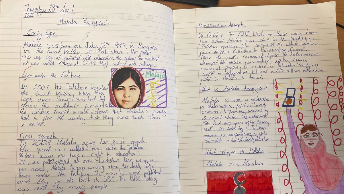 PockPrep's tweet photo. Year 5's #curiosityproject of 'Is life always fair?' has lead the children to studying Malala Yousafzai - they have produced some beautiful, well-researched work. https://t.co/GOaouNGOSh