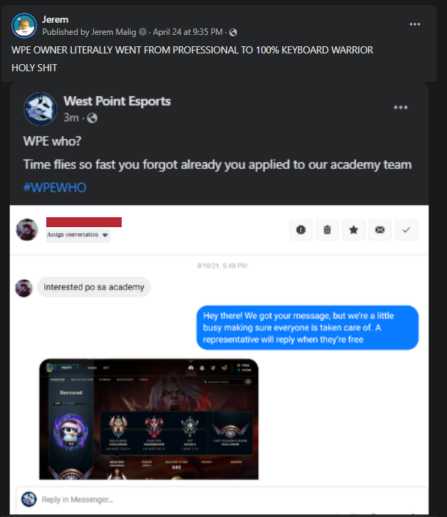 JeremMalig's tweet photo. 4/n 

they then replied with a nonsense post (for me at least) revealing not only the private application of my current jungler (Devoured) to their academy team but also his name. (Nothing was censored in the original photo.) https://t.co/qNB1PH29wY