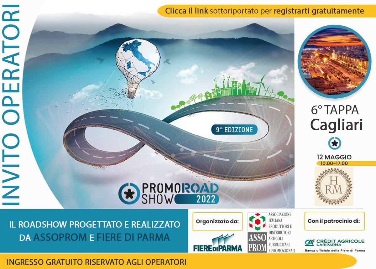 PromoShowMilano's tweet photo. #PromoRoadShow 2022 - 6^ tappa - Cagliari
12/05/2022 h 10.00 - 17.00
@ Hotel Regina Margherita
Viale regina Margherita, 44 – Cagliari

Ingresso gratuito, riservato agli operatori del settore, previa pre-registrazione online: https://t.co/MWdiMG8AS2 https://t.co/IPKNVjRKqm