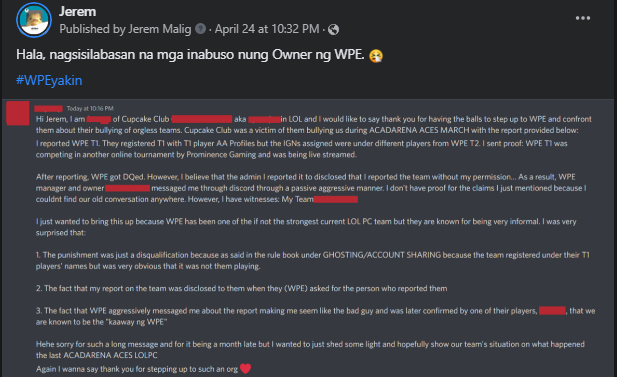 JeremMalig's tweet photo. 6/n

This is where people started to come at me (orgless teams to be exact), testifying on their own experiences with WPE. (They were playing on 2 tournaments at the same time which means they're "ghosting".) Read photo for context. https://t.co/sHUPWIEB8D
