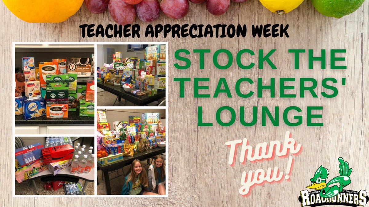 Thank you Randolph families for all the contributions! The teachers' lounge is officially stocked!💚🙌

#weRrandolph #HappyTeacherAppreciationWeek