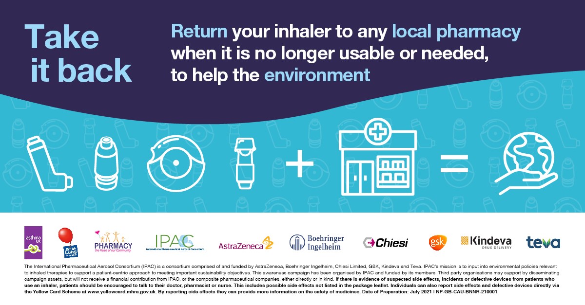 SheffieldHCP's tweet photo. We are supporting IPAC to shine a light on the impact of inhalers on the environment. Do your bit by taking your inhaler back to your local UK pharmacy when it is no longer usable or needed! #InhalerReturn https://t.co/pIPAqq8Y9w