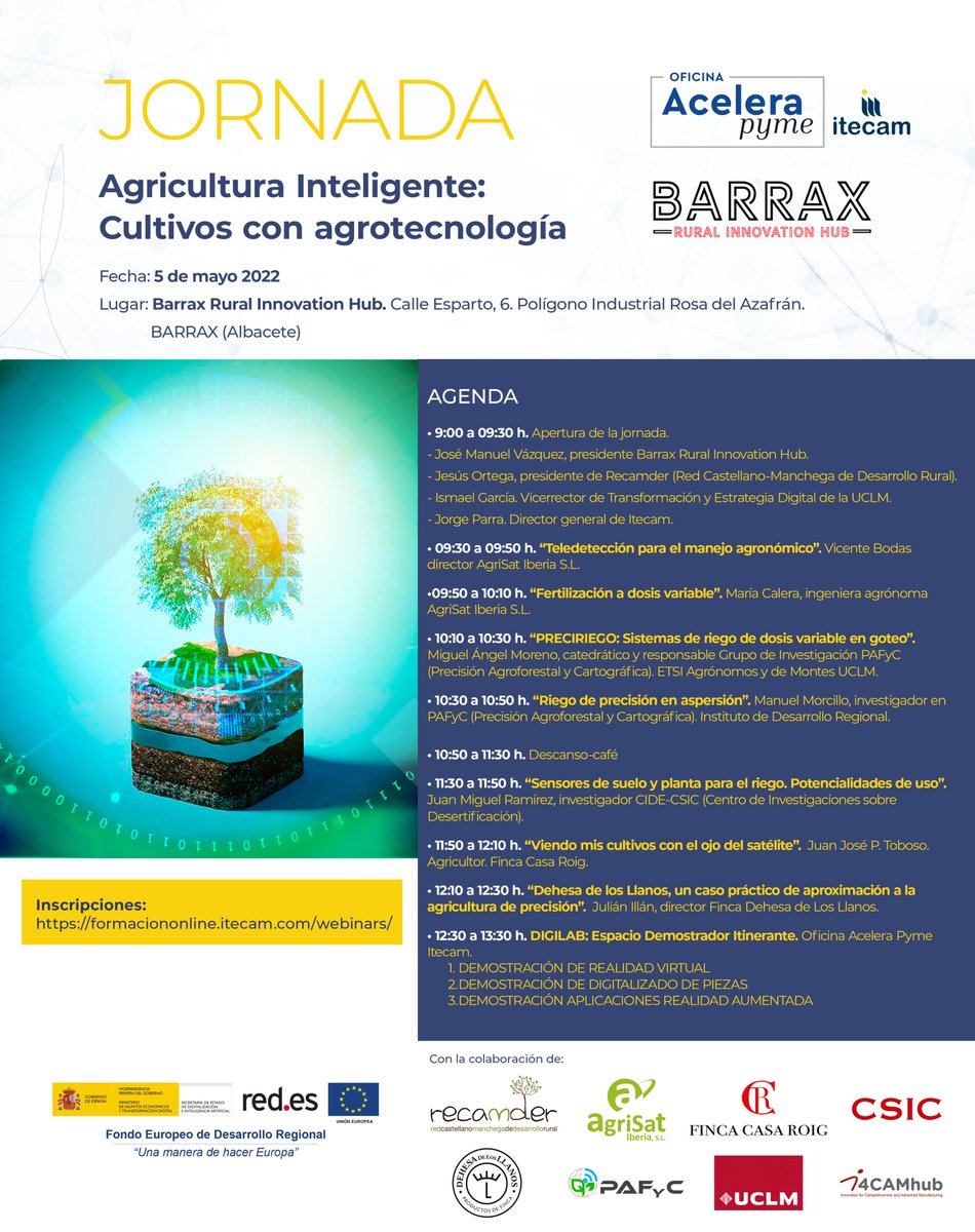 CidEinvestiga's tweet photo. @Ramirezcuestajm investigador en #CidEinvestiga hablará de: “Sensores de suelo y planta para el riego. Potencialidades de uso” en la Jornada: "Agricultura inteligente: Cultivos con agrotecnología".
🗓️5 de mayo
📍Barrax Rural Innovation Hub 
@CSICval @CdCienciaUV 
Más info 👇 https://t.co/hbBWXPNskx
