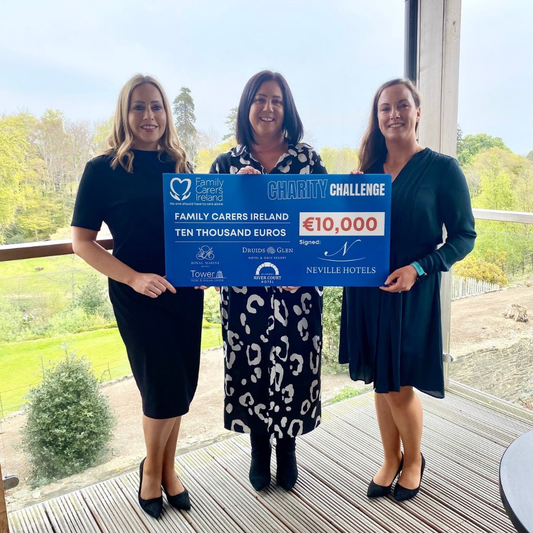 Karen Kelly, Director of Sales and Marketing at <a href="/druidsglen/">Druids Glen Resort</a> and Claire McGlashan, Sales and Marketing Manager at the <a href="/royalmarine/">Royal Marine Hotel</a> were delighted to present Sue O’Grady <a href="/CarersIreland/">Family Carers Ireland</a> with this well deserved €10,000 donation following our recent Neville Hotels Charity Challenge.