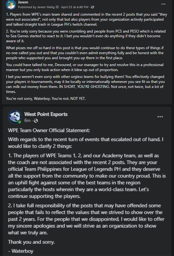 JeremMalig's tweet photo. 8/n

They didn't delete their posts until they realized that their Team 1 could possibly be removed from SIBOL. They released an apology post from then on. Below their post and also my response. https://t.co/w6wVMFGlF5