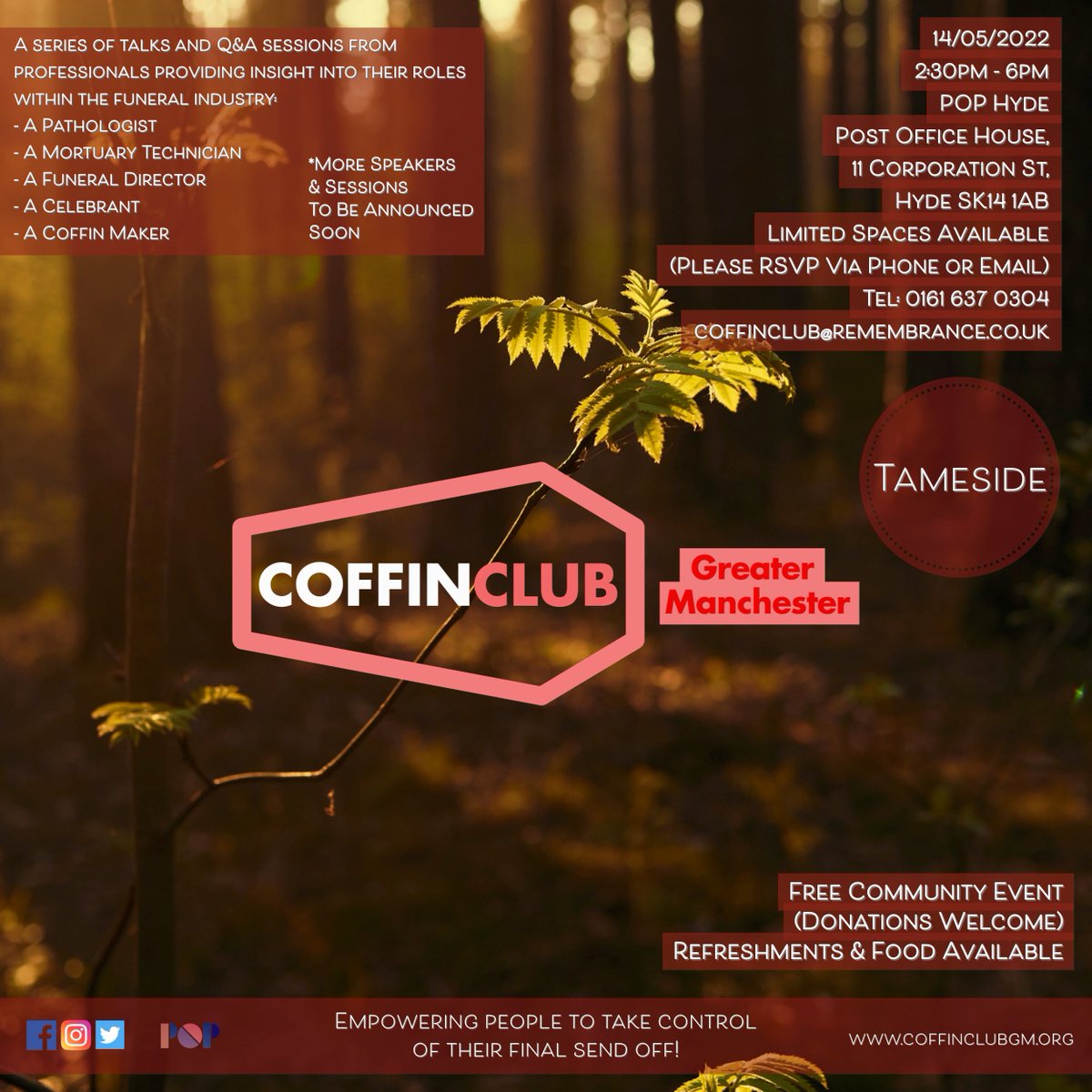CoffinClubGM's tweet photo. We will be hosting our first #CoffinClub Session  14/05/2022 2:30pm - 6pm @CorpPOPHyde in #Tameside
 
This will be an interactive talk session with professionals from the #funeral industry delivering advice and answering any questions you may have. 

#FreeEntry #GreaterManchester https://t.co/gjEs7gGmd0