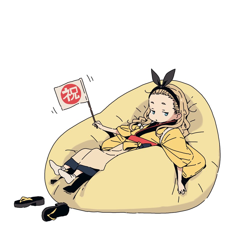 1girl solo blonde hair bean bag chair japanese clothes long hair white background  illustration images