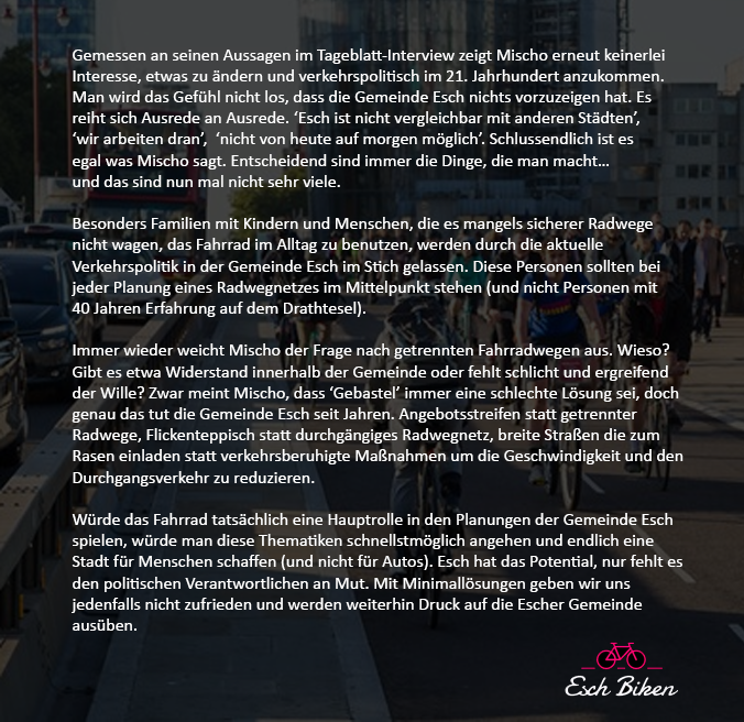 Eis Reaktioun op den Tageblatt-Interview vum 27. Abrëll mam Buergermeeschter Georges Mischo. Liest eis an aner Reaktioune vu @ProVelo_lu , <a href="/CyclistSiggy/">🚴‍♂️ Siggy the Cyclist 🇱🇺</a>  an @MEcologique  am Artikel "Radfahren in Luxemburg (8) / Fahrradaktivisten melden sich zu Wort" tageblatt.lu/headlines/fahr…