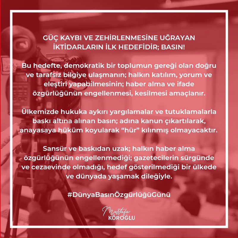 muskoroglu's tweet photo. Sansür ve baskıdan uzak; halkın haber alma özgürlüğünün engellenmediği; gazetecilerin sürgünde ve cezaevinde olmadığı, hedef gösterilmediği bir ülkede ve dünyada yaşamak dileğiyle.

#BasınÖzgürlüğüGünü  kutlu olsun. https://t.co/tvyej4hxdU