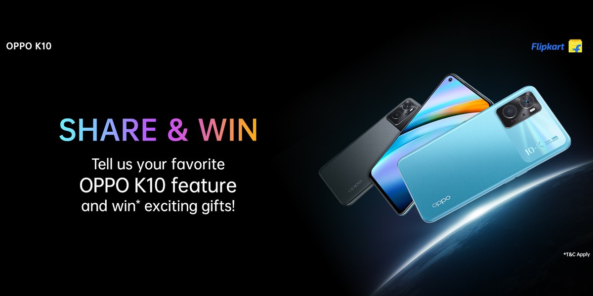 Adored the #OPPOK10? Tell us your favorite feature of the device in the comments by tagging <a href="/OPPOIndia/">OPPO India</a> &amp; <a href="/Flipkart/">Flipkart</a>. Also, use #OPPOK10 &amp; #LiveWithoutLimits and stand a chance to win* exciting gifts.
Buy now: bit.ly/3uZ460U
*T&amp;C apply: bit.ly/381FTi3