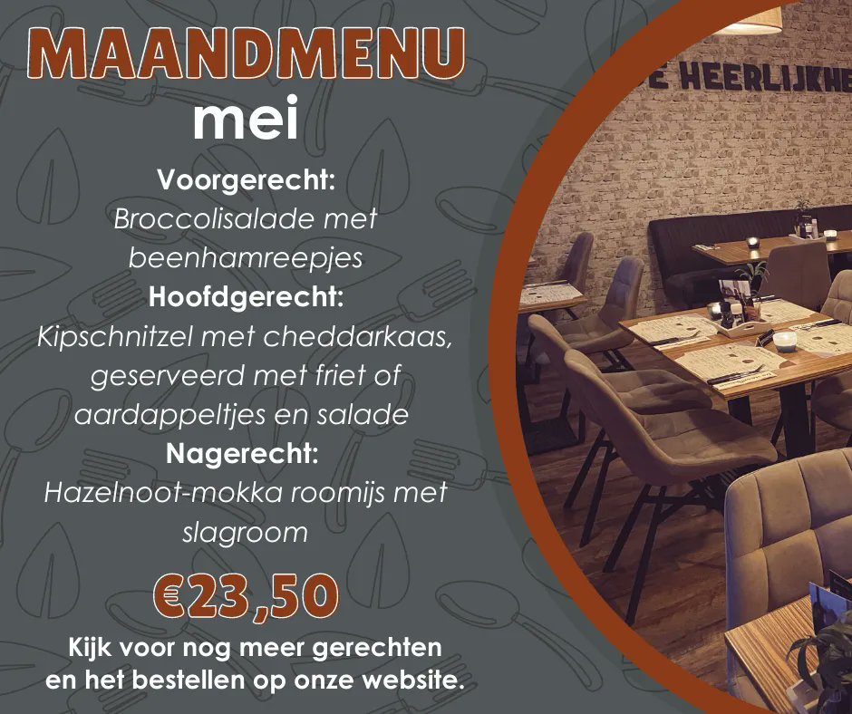 Vanaf woensdag kunt u genieten van ons #maandmenu voor mei met broccolisalade met beenhamreepjes, kipschnitzel met cheddarkaas en hazelnoot-mokka roomijs met slagroom voor slechts €23,50. Of natuurlijk een van onze andere gerechten! Reserveer via deheerlijkheid.com/reserveren