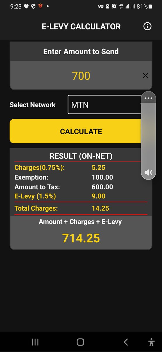 leafecodes's tweet image. E-levy calculator is now in Dark Mode. Update your #elevy apps to feel the new UI improvement. Android iOS Huawei Amazon
 #ghanaatacrossroad chief justice supreme court Sam George