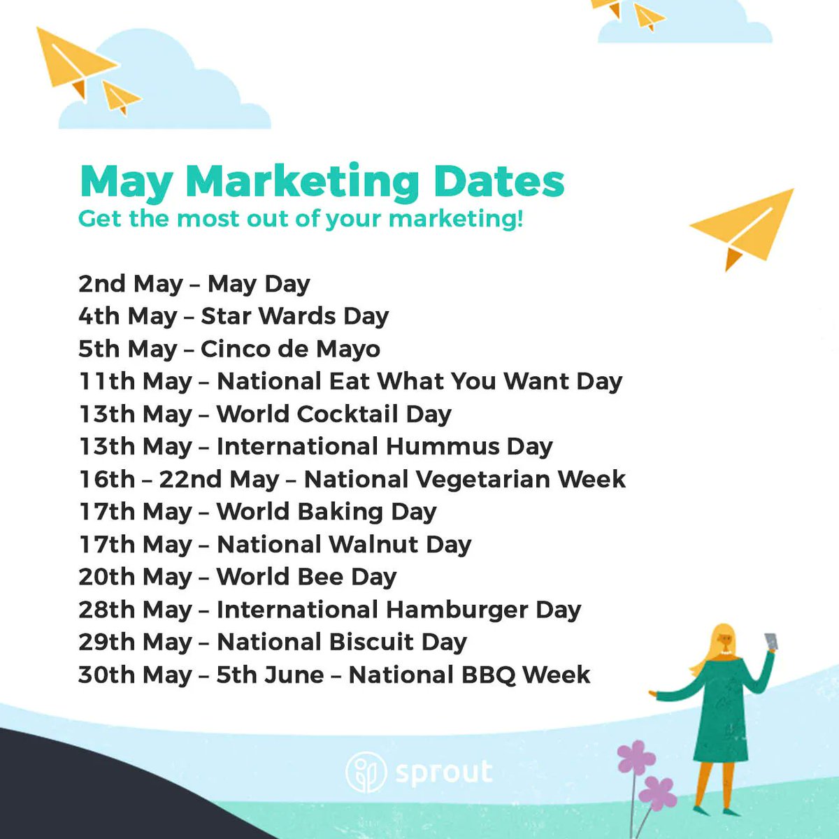 SproutSendCRM's tweet photo. Here are your May Marketing Dates π
Lots of foodie days coming up, we can't wait! π
#SproutCRM #SproutSend #CRM #Hospitality #CRMSolutions #crmdevelopment #customerexperience #businesssolutions #customermanagement #crmsoftware #restaurantmarketing #contentmarketing https://t.co/z1cPtvEvFF