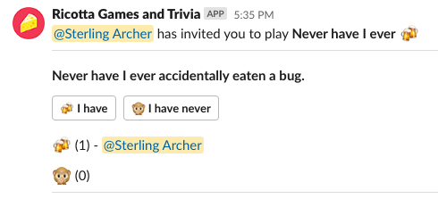 RicottaHQ's tweet photo. Have you tried a game of workplace appropriate "Never Have I Ever" with your team yet? 🍻

Auto-schedule and play fun icebreaker games with your team with Ricotta. Available on Slack and Webex.

➡️ https://t.co/fAmLknRcGd https://t.co/ERdrY9axYv