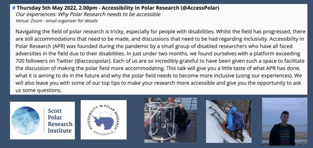 Accessibility In Polar Research (@accesspolar) on Twitter photo 📢 5TH MAY 2PM (GMT): @_charlotteec__ , <a href="/IainSword1/">Iain Sword (Celtic Guiding)</a> and <a href="/angusaldis/">Angus Aldis</a> are speaking at the <a href="/scottpolar/">Scott Polar Research Institute</a>'s Polar Humanities and Social Sciences ECR Workshop, discussing why polar research needs to become accessible. We will also be sharing some of our top tips for quick accessibility! 📢 5TH MAY 2PM (GMT): @_charlotteec__ , <a href="/IainSword1/">Iain Sword (Celtic Guiding)</a> and <a href="/angusaldis/">Angus Aldis</a> are speaking at the <a href="/scottpolar/">Scott Polar Research Institute</a>'s Polar Humanities and Social Sciences ECR Workshop, discussing why polar research needs to become accessible. We will also be sharing some of our top tips for quick accessibility!