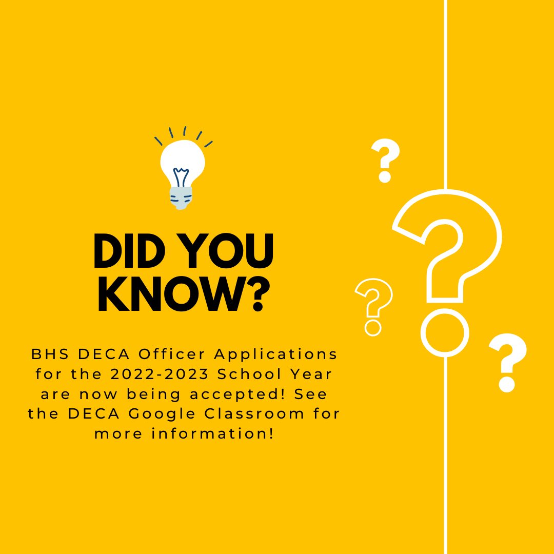 ‼️ATTENTION ‼️ Officer applications for the 2022-2023 DECA officer team are now open! Check Google Classroom for more information. <a href="/BburgHSBruins/">Blacksburg High</a> <a href="/CatleysClasses/">Ms Catley</a> <a href="/KRadsClasses/">Kimberly Radford</a>