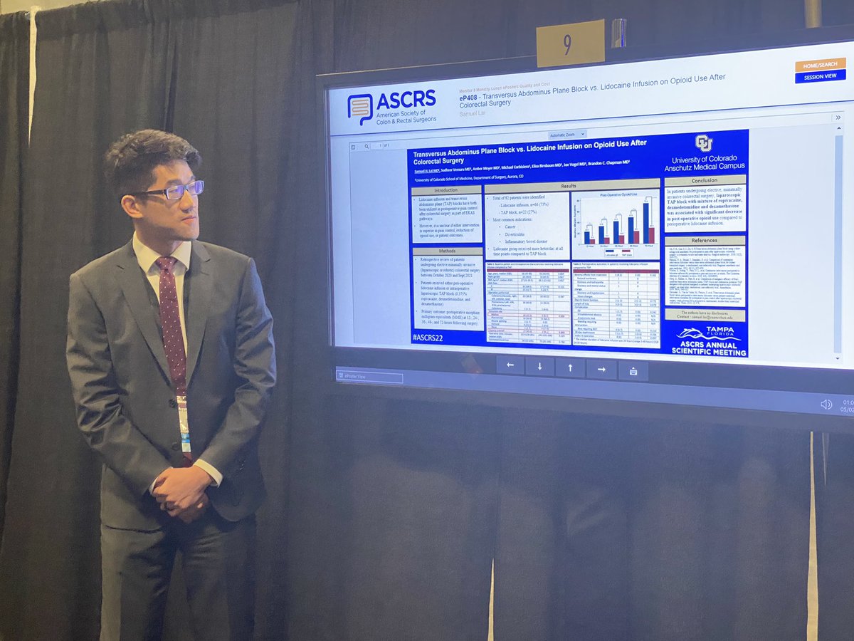 Laparoscopic TAP block with ropivicaine, decadron, and precedex significantly reduces opioid consumption following colorectal surgery #ASCRS22 <a href="/SamuelHLai/">Sam Lai</a> <a href="/CUDeptSurg/">CU Department of Surgery</a> <a href="/cugites/">CU GITES</a>