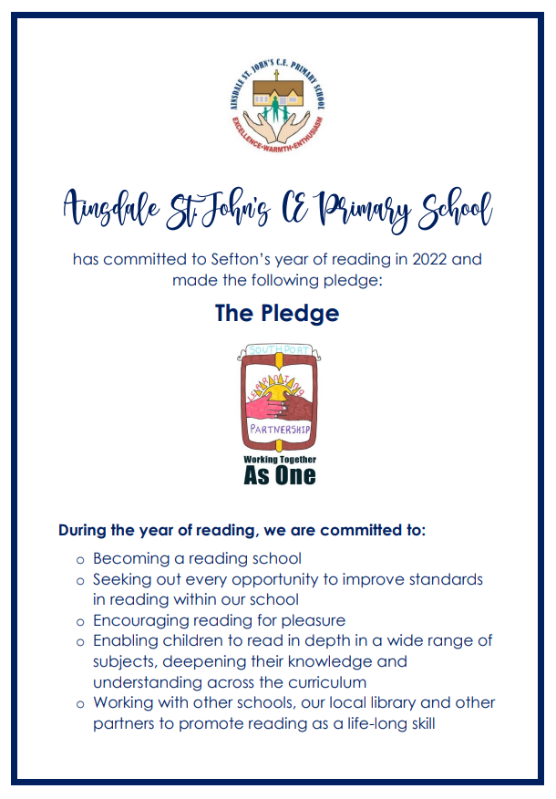 AinsdaleStJohns's tweet photo. We love reading here at #TeamASJ so imagine our excitement when the schools in @SouthportLP decided to make a pledge to become reading schools and make Southport a 'Reading Town'! #SouthportReadingTown https://t.co/OWmlA5WeHR