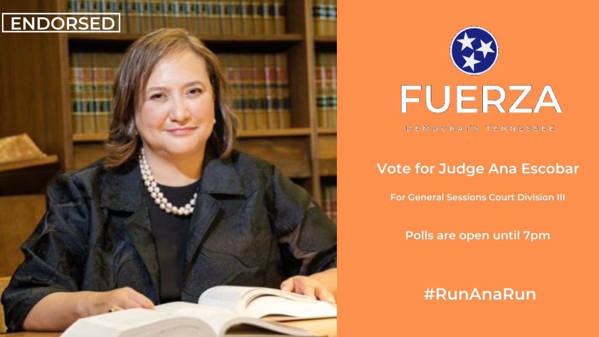 It’s Election Day in Davidson County! Make sure to vote for our first ever endorsed candidate @escobarforjudge! Polls close at 7pm. You can find your polling location at maps.nashville.gov/PollingPlaceFi…

#RunAnaRun