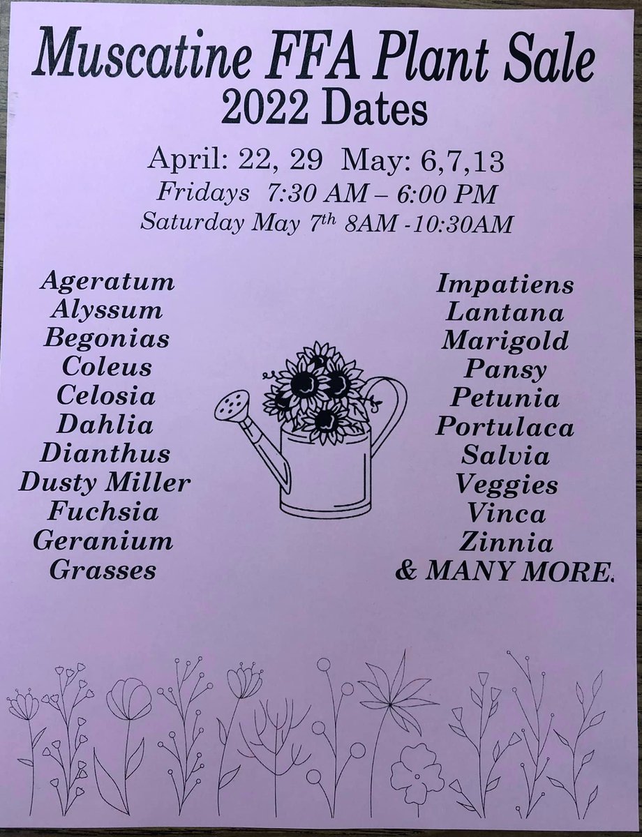 Thank you to all who have visited us over the past 2 wks!

Our buy two hanging baskets get one free is back on again this year!  Plenty of beautiful baskets remain.

We are open this week Friday and Saturday-morning.
Fri., May 6 from 7:30a - 6p 
Sat., May 7th from 8a to 10:30a.