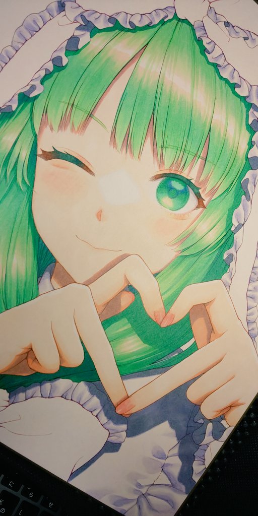 kagiyama hina 1girl solo one eye closed green hair heart hands green eyes heart  illustration images