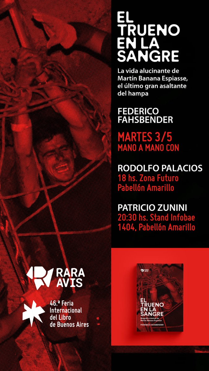 fahsbender125's tweet photo. es hoy: EL TRUENO EN LA SANGRE en la Feria del Libro.

dos presentaciones con @elfitopalacios y @pzunini.

en la primera hay brindis. https://t.co/8ac54rE27J