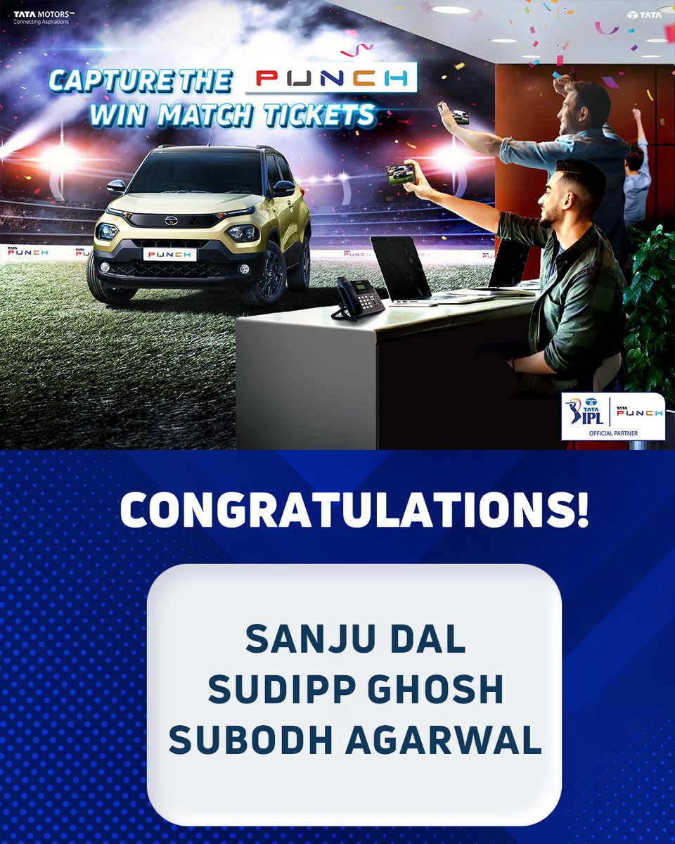 TataMotors_Cars's tweet photo. You truly Packed A PUNCH!
Congratulations Sanju Dal, Sudipp Ghosh and Subodh Agarwal for winning the #CaptureThePUNCH Contest.
Stay tuned on our page for more exciting contests.
#GameThatVibes #PackAPUNCH #VibesWithYou #TataPUNCH #TataMotorsPassengerVehicles #TataIPL2022 https://t.co/FshqiNnkBy