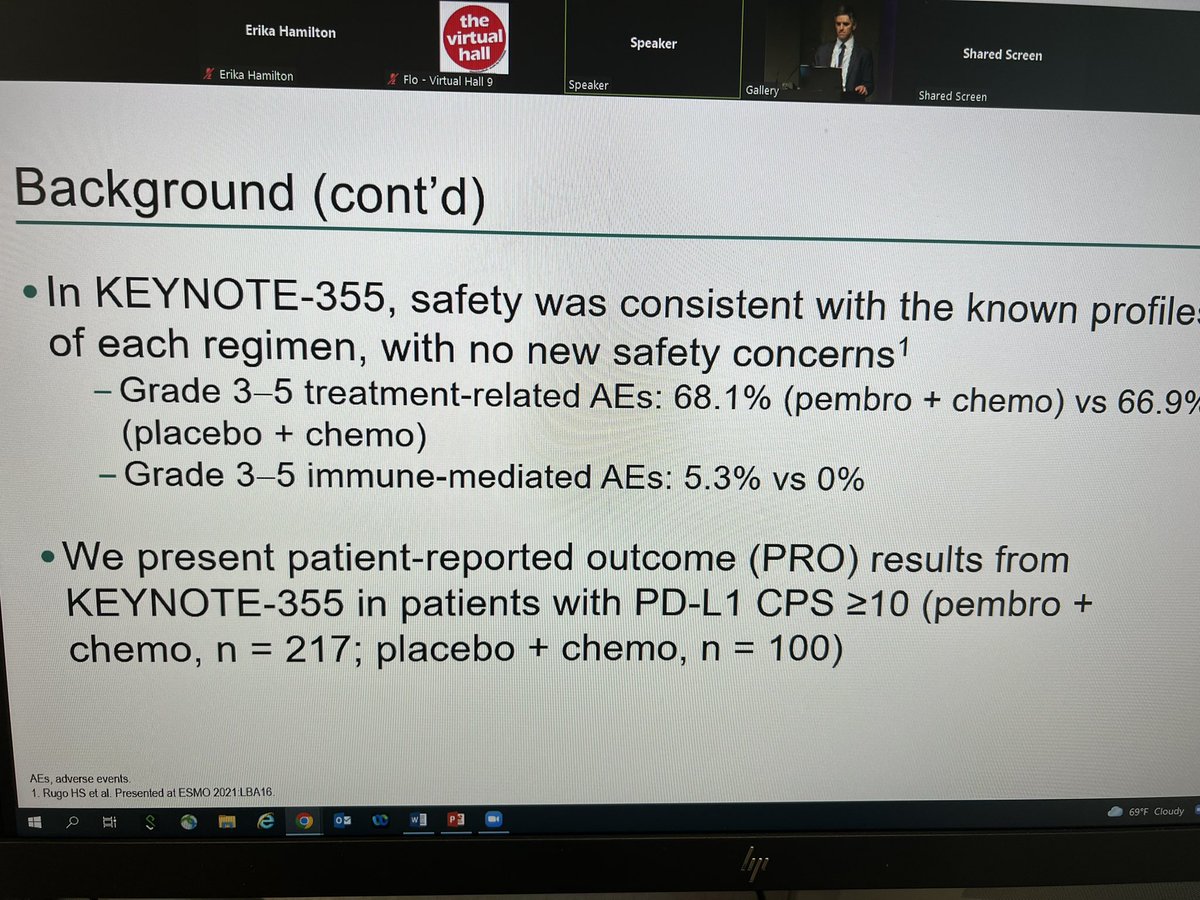 ErikaHamilton9's tweet photo. Fantastic to see such an emphasis on patient reported outcomes (PROs) today at #ESMOBreast22.
#KEYNOTE355 PRO in pts that were PDL1+:
🚫No difference between chemo alone vs. chemo + pembro
🚫No difference in time to deterioration https://t.co/5P0bLLOxe7