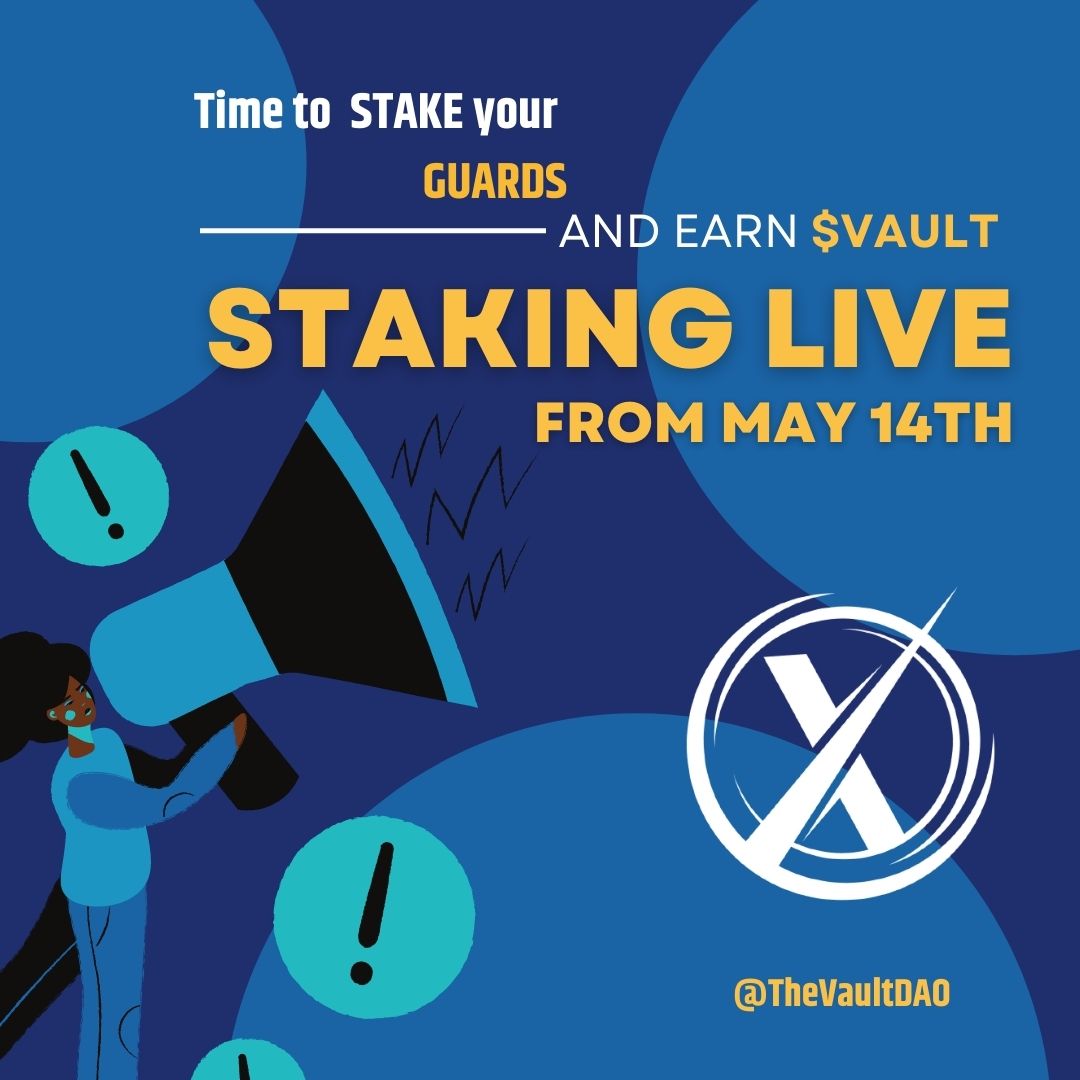 🔥The most anticipated announcement!!!🔥

🙇‍♂️The wait is over!

💰Get ready to Stake your #VaultX Guards &amp; earn $Vault 

🧐When Staking?

📅14th May 2022

Sit tight, it's time to fly🚀🚀🚀

#SolanaNFTs #Staking #DappLaunch