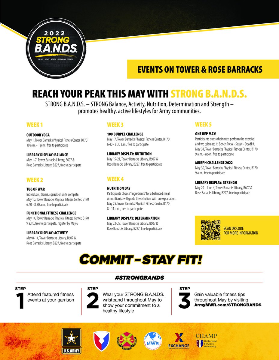 USAGBavaria's tweet photo. Commit to Staying Fit this May with STRONG B.A.N.D.S.  

It helps motivate #Army Soldiers, families, retirees and civilians to get and stay fit.

For more information visit: https://t.co/RKI1yXugDH

#USAGBavaria https://t.co/EcKKZuJDKY