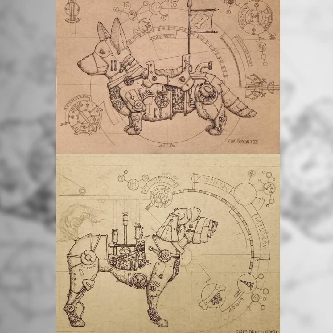 SamDeaconArt's tweet photo. Steampunk Corgi and steampunk Aussiedoodle :-) some of the steampunk animal ink illustrations in my #mechanimals series by Sam Deacon Art :-)
#artwork #fantasyart #steampunk #inkart #inkworks #inkdrawing #fantasy #illustration https://t.co/ApRpdSWHJ5