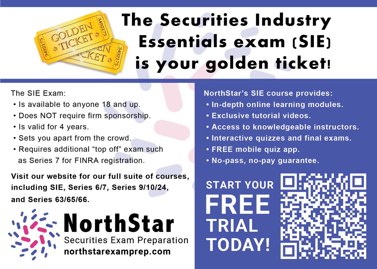 NorthStarSEP's tweet photo. Looking to break into Financial Services? We've got your  #GoldenTicket!

NEW: All our courses now offer 7-Day Free Trials!

#NorthStarExamPrep #FINRA #SIE #Series6 #Series7 #Series9 #Series10 #Series24 #NASAA #Series63 #Series65 #Series66 #NoPassNoPay https://t.co/eJVzayBlvu