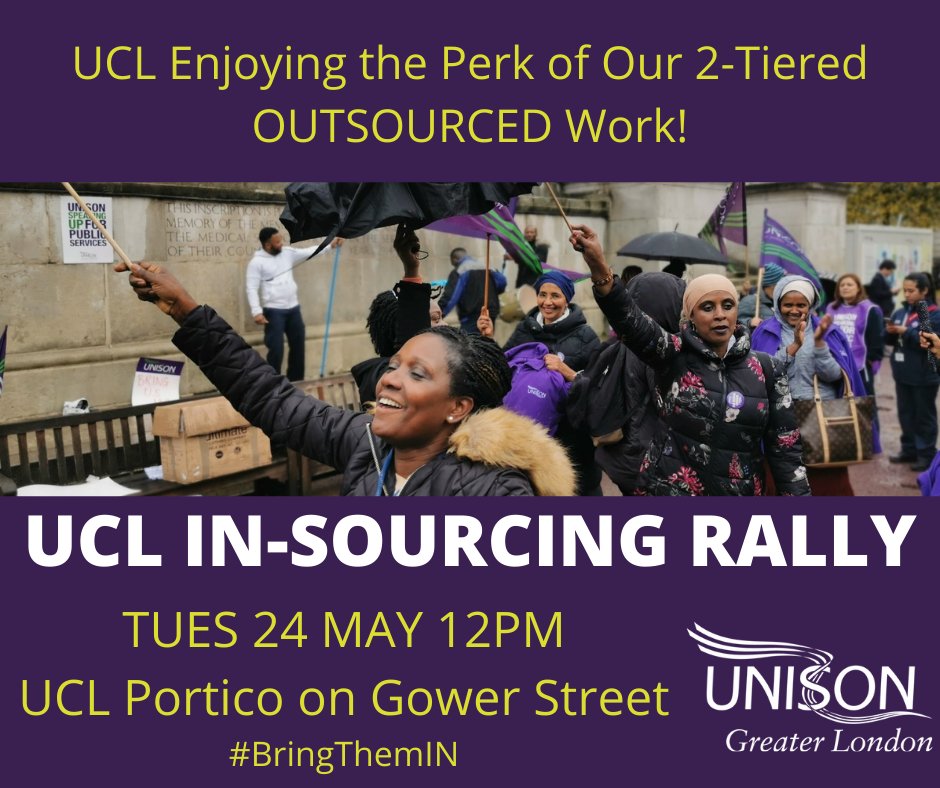 Cleaners, catering and security staff are an integral part of life at UCL. Without them, the university wouldn't function. They deserve to be treated just the same as the rest of their colleagues. Join our rally on Tuesday 24 May and send UCL a clear message: In-source staff now!