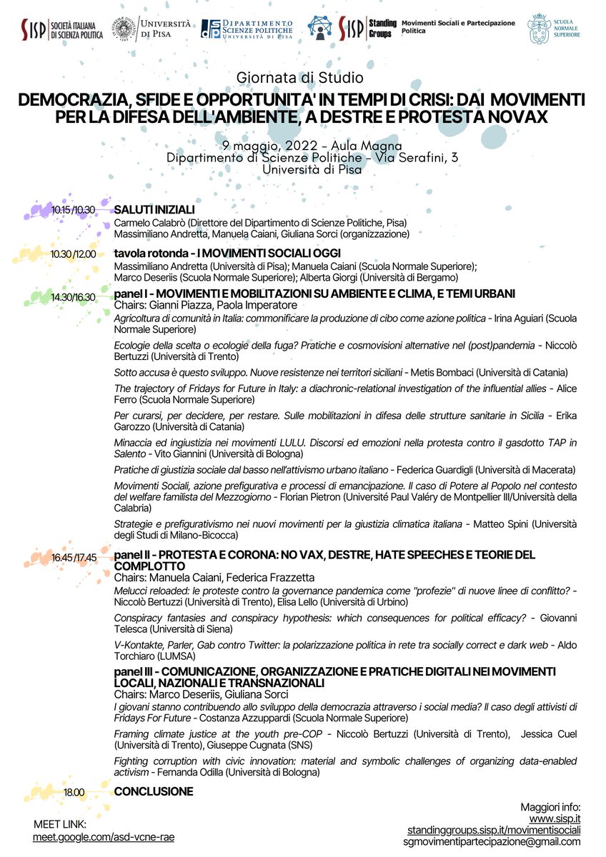 💥CI SIAMO💥
Lunedì 9 maggio,  dalle 10.15, giornata di studi "Democrazia, sfide e opportunità in tempi di crisi: dai movimenti per la difesa dell’ambiente, a destre e protesta no vax".
[l'evento si svolgerà in modalità mista]

Più info qui 👉 standinggroups.sisp.it/movimentisocia…