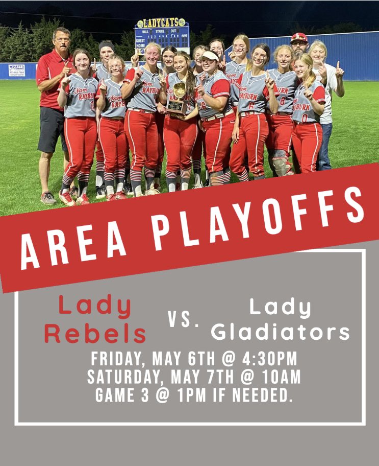 UPDATE: Game 1 on Saturday will be played at 10AM.

Our Lady Rebels will take on the Italy Lady Gladiators for the next round of Region 2-2A Softball Playoffs! 

All games will be played at Community ISD. Community ISD is in the city of Nevada, TX. 

Go Lady Rebels!
