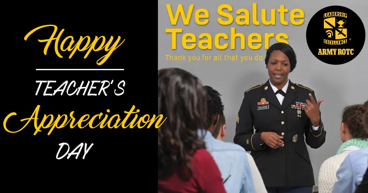 JoinArmyROTC's tweet photo. On this National Teacher Appreciation Day, we honor all of the educators and instructors that have touched the lives of #ARMY #ROTC students across America and who are essential to building the future of our nation. #TeacherAppreciationWeek #Salute #TeacherAppreciationDay https://t.co/it4hFcwPrI