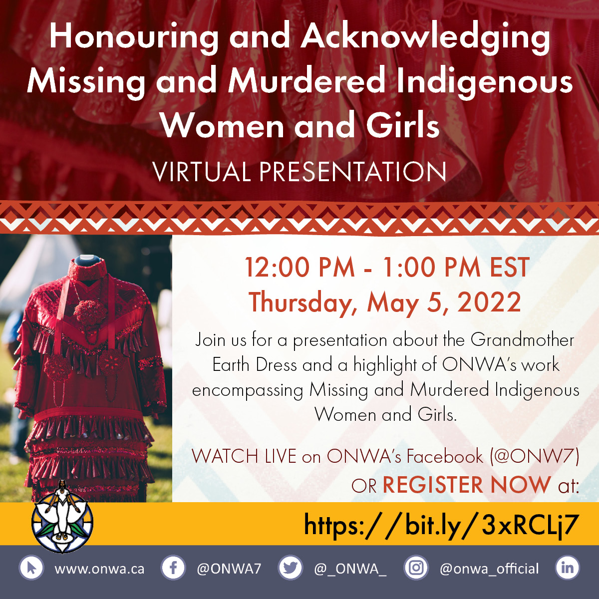 _ONWA_'s tweet photo. #Honouring and #acknowledging Missing &amp; Murdered Indigenous Women and Girls (MMIWG) 

Join ONWA for a presentation about the Grandmother Earth Dress and a highlight of ONWA's work encompassing Missing and Murdered Indigenous Women &amp; Girls. 

Register at: https://t.co/MJKU7K4fp1 https://t.co/WuUp80xoAA