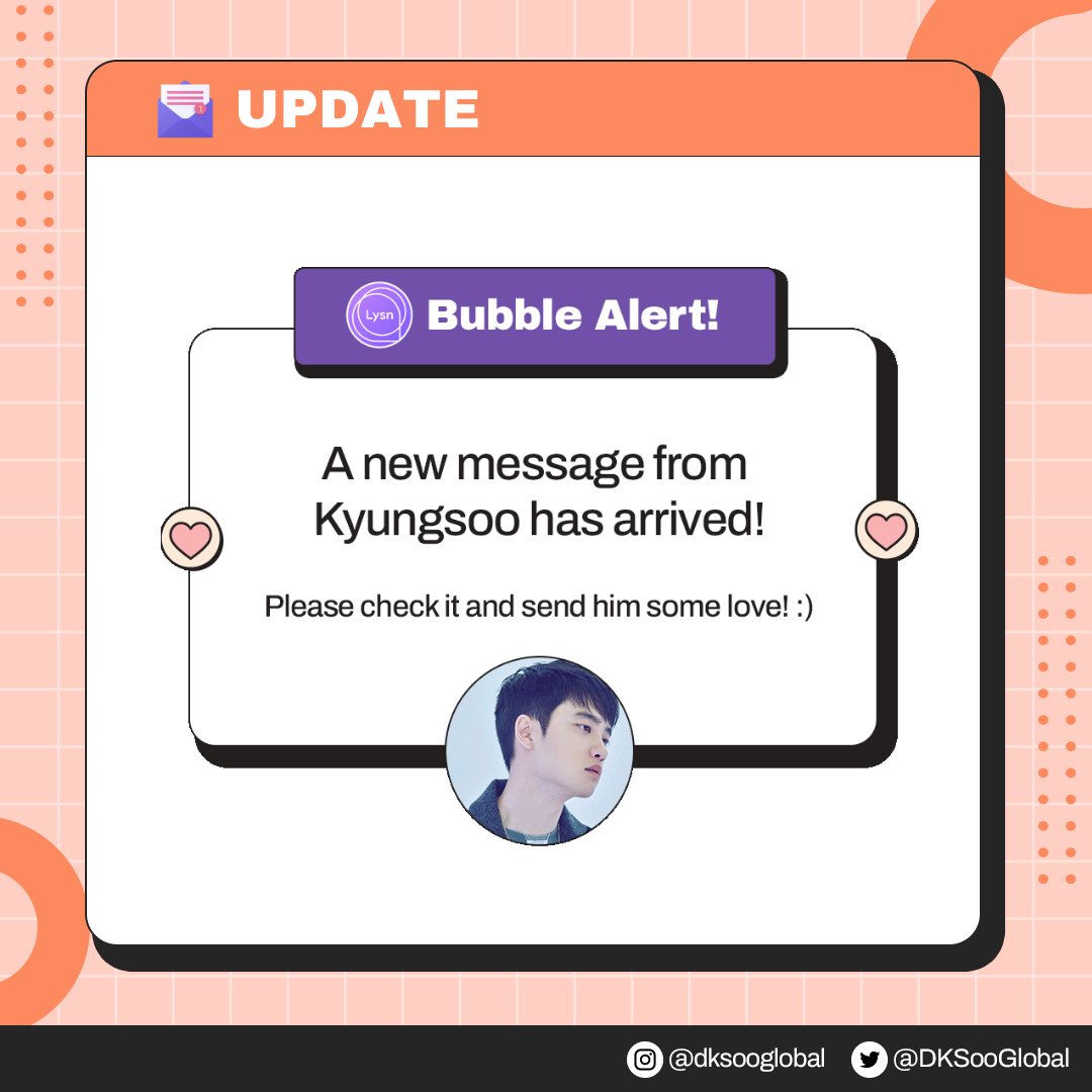 DKSooGlobal's tweet photo. 💬 220717

Kyungsoo sent a bubble message! Please check it ♥️

#디오 #엑소디오 #DO #KYUNGSOO #디오버블 #뚜뚜버블 #경수버블 @weareoneEXO https://t.co/IYcnajCRJ7