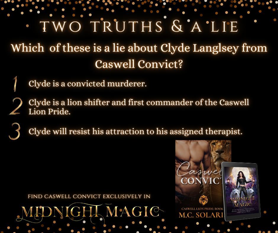 Which is the lie? 😉  

＊＊＊＊
PS: WE ARE SO CLOSE TO RELEASE DAY!!! PREORDER NOW for 9＊9＊ p＊e＊n＊n＊i＊e＊s (price will go up after release!)

20+ Brand New Paranormal Romance and Urban Fantasy stories, including CASWELL CONVICT! 

Link in bio

Books2read.com/midnightmagic #cha