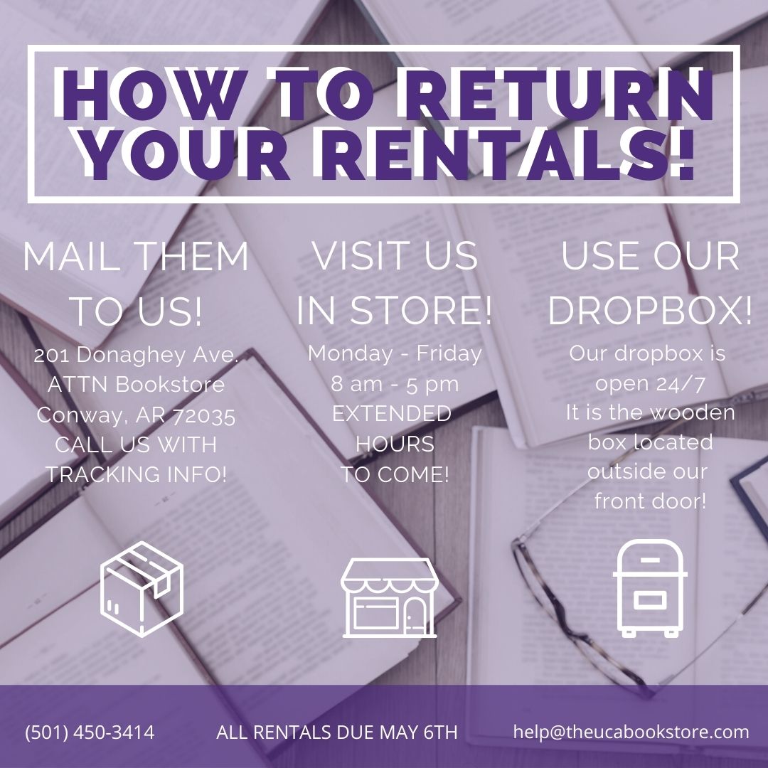 We've made it to finals week! Don't forget to make plans to return your rentals by May 6th!
.
.
.
#ucabears #theucabookstore