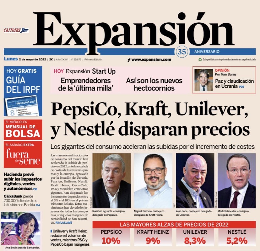 rperezfermin's tweet photo. Las multinacionales de consumo más grandes del mundo (Pepsico, Nestlé, Kraft Heinz, Coca-Cola, P&amp;G entre otros), aceleran la subida de precios en 2022, por la escalada de costes de materias primas y la energía, agravada por la invasión de Ucrania.

¡La crisis es global, no local! https://t.co/LBxSmfD8X3