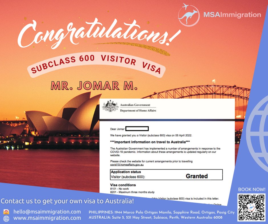 msaimmigration's tweet photo. 𝐀𝐮𝐬𝐭𝐫𝐚𝐥𝐢𝐚𝐧 𝐓𝐨𝐮𝐫𝐢𝐬𝐭 𝐕𝐢𝐬𝐚 𝐆𝐫𝐚𝐧𝐭

Mr. Jomar M. will soon fly to Australia!

Congratulations Sir on your #Subclass600 #Touristvisa grant! https://t.co/AmZa73KWBf