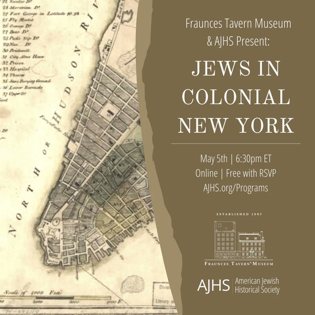 Rev250 resource of the day — The @FrauncesTavern Museum and American Jewish Historical Society @AJHSNYC host an online discussion on “Jews in Colonial New York,” Thursday, May 5, 630pm: buff.ly/3s3CYMn